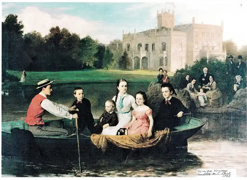 Gemälde von C. Lasch, 1875 - Familie Knoop am Spiegelteich, im Hintergrund das ehemalige Schloss Mühlenthal.