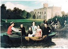 Gemälde von C. Lasch, 1875 - Familie Knoop am Spiegelteich, im Hintergrund das ehemalige Schloss "Mühlenthal".