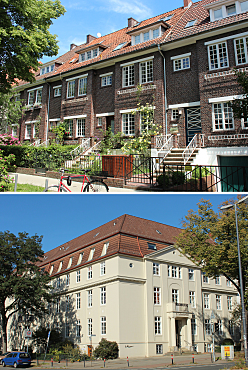 Oben: Reihenhäuser aus dem Jahr 1923 von Runge & Scotland in der Orleansstraße. Unten: das St. Catharinenstift an der Parkallee.